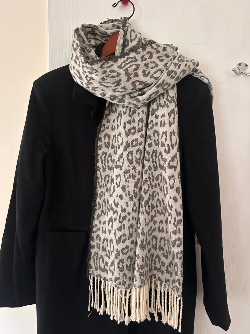 Neutral Leopard Print Fringe Scarf - Women's Accessory